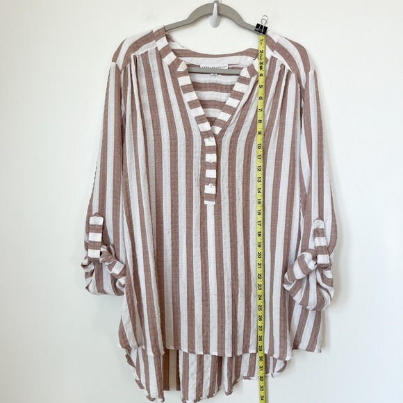Jane & Delancey Vertical Striped Popover Blouse Top 1X Taupe White - Picture 6 of 10